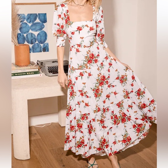 Lulus Frolic With Me White Floral Print Tie-back Tiered Maxi Dress - Size M - Picture 6 of 6